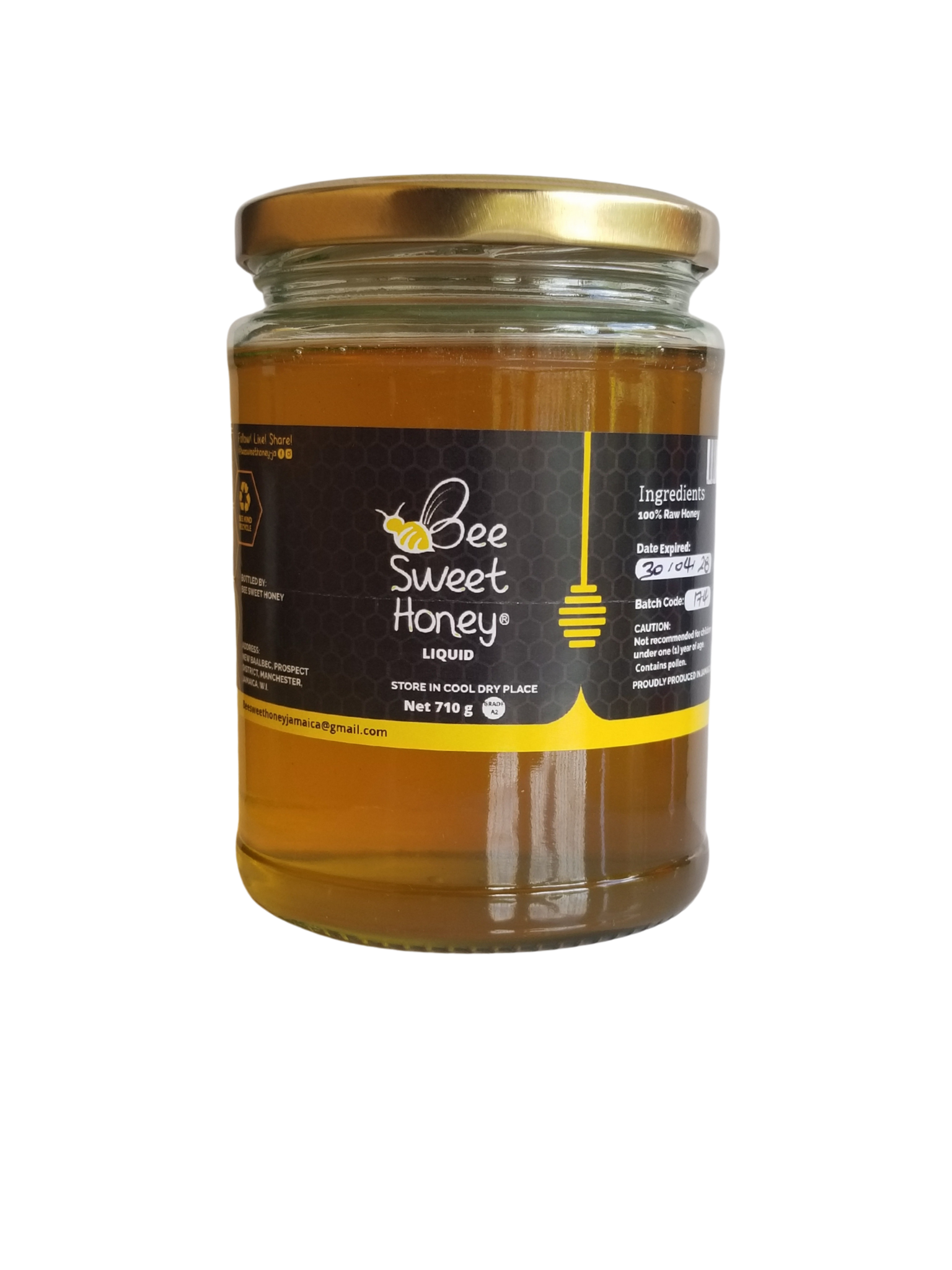 Bee Sweet Raw Honey 710g in clear glass jar, 1005 raw Jamaican honey