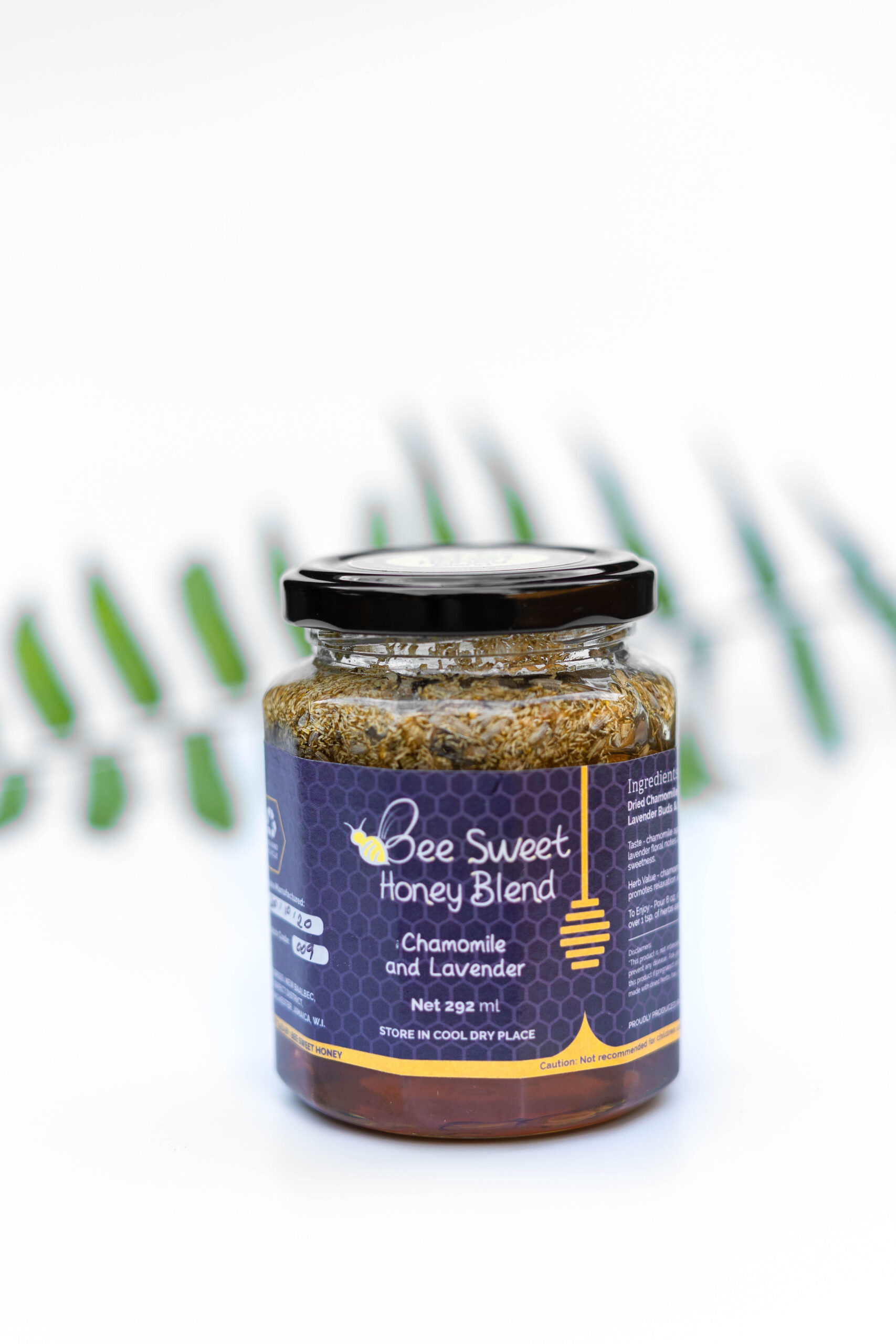 Bee Sweet Chamomile and Lavender Blend 428 g in glass jar, relaxing herbal honey