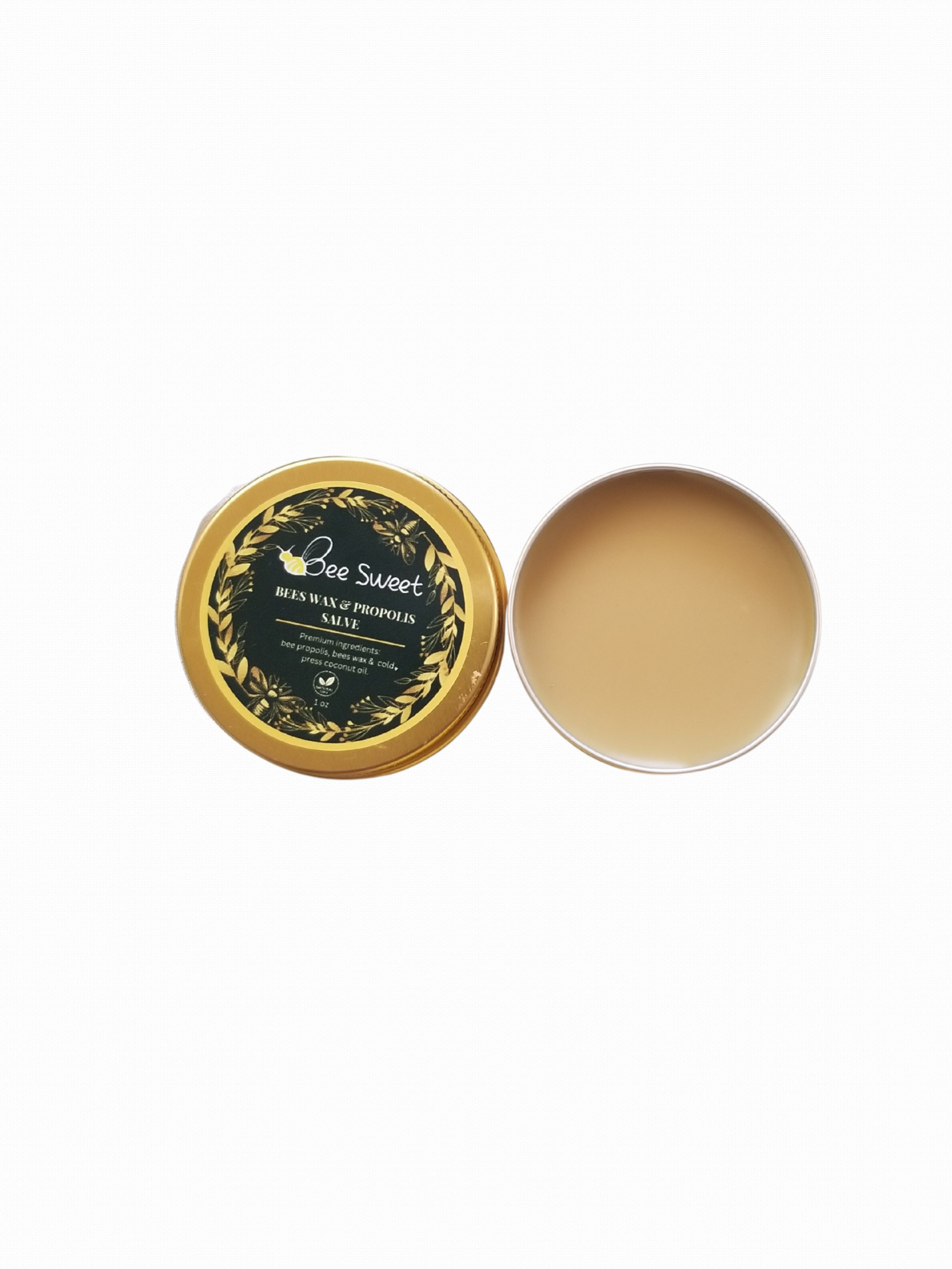 Bee Sweet Propolis Salve in golden tin container, natural healing balm with bee propolis